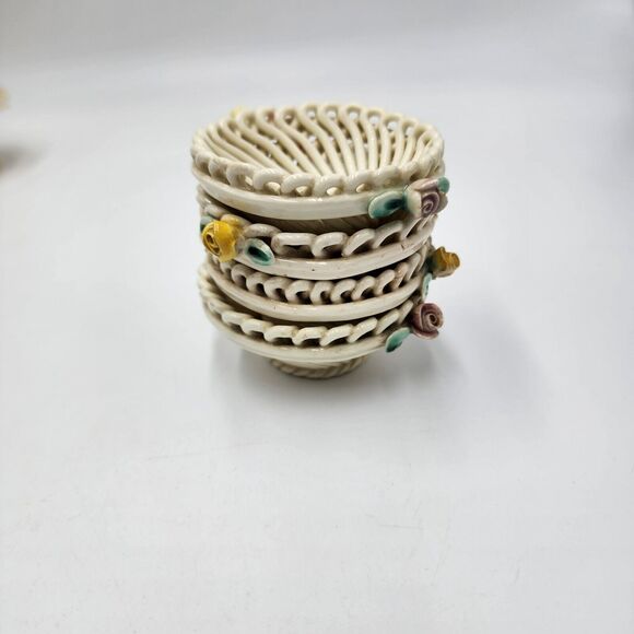 Vintage Set 4 Levante Lattice Baskets Pink Yellow Flower Made In Italy Porcelain - Picture 8 of 8